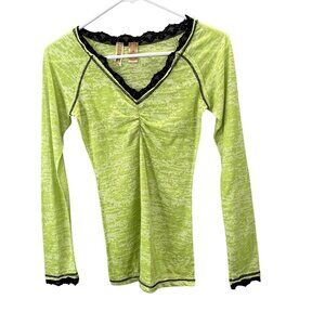 Y2K BKE Fairy Grunge Burnout Top Tee M Lime Green Black Lace Stretch Long Sleeve